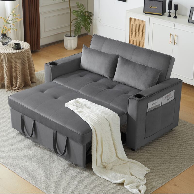 Eifson - Canapé convertible, avec porte-gobelets et oreillers, velours, canapé convertible, adapté pour salon, chambre, home cinéma - Gris