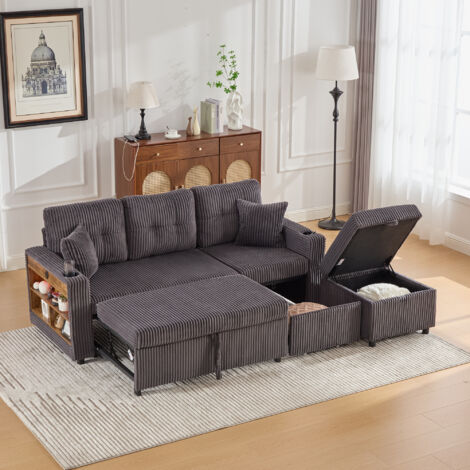 Canapé convertible avec rangement, lit d'appoint, USB‑C et éclairage LED – velours côtelé gris foncé