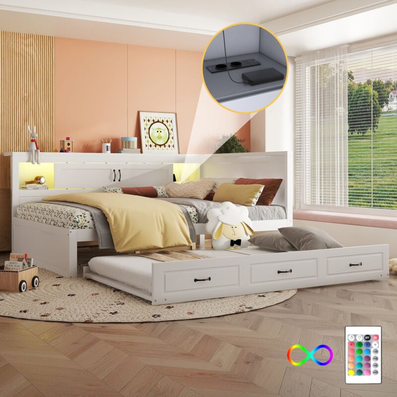 Canapé convertible, banquette-lit, méridienne, 140200cm, éclairage d'ambiance télécommandé, rangement de chevet, lit gigogne, prise + USB, sans