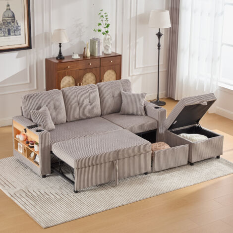 Canapé convertible, Canapé droit avec rangements ouverts et dissimulés, port USB-C, 2 porte-gobelets, velours côtelé, Gris clair