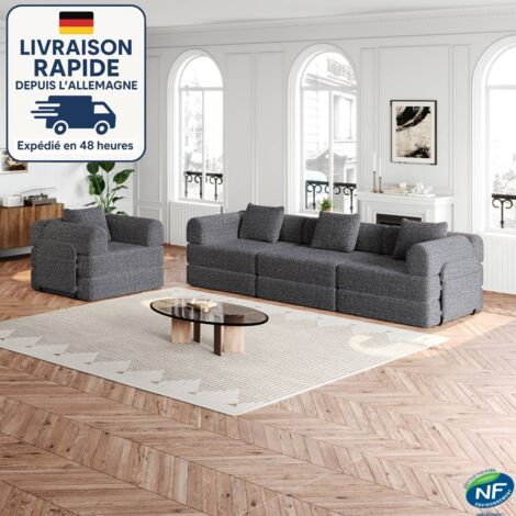 Canapé convertible chenille avec coussins, fauteuil, canapé rembourré avec accoudoirs et rangement - Combinaison libre, 4 places, gris