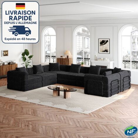 Canapé convertible chenille avec coussins, fauteuil, canapé rembourré avec accoudoirs et rangement - Combinaison libre, 6 places, noir
