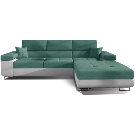 Canapé convertible d'angle droit tissu vert et simili cuir blanc avec rangement Wile 280cm