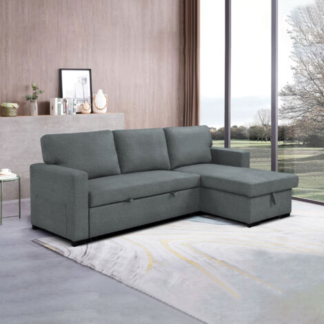 M&S – Canapé d'angle convertible en tissu gris clair – Dimensions 220x135 cm – Assise mousse avec ressorts ensachés – Structure en bois d'eucalyptus