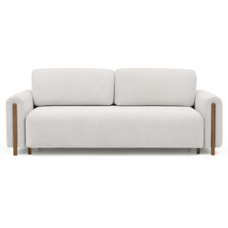 Canapé convertible en tissu bouclette DOVA - Pieds bois massif naturel-Blanc