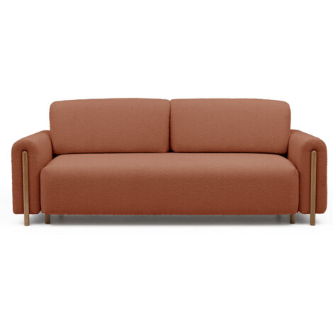 Canapé convertible en tissu bouclette DOVA - Pieds bois massif naturel-Orange brûlé