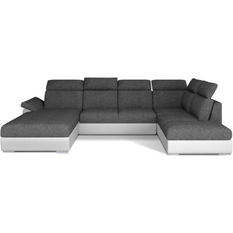 Canapé Convertible Panoramique LEVANO Tissu et Simili Cuir, Têtières à gauche-Blanc/Gris-Coffre à gauche