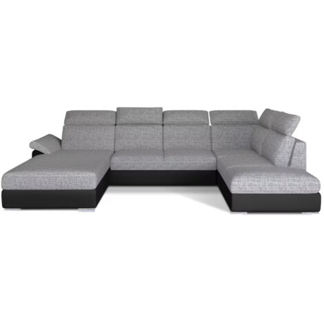 Canapé Convertible Panoramique LEVANO Tissu et Simili Cuir, Têtières à gauche-Noir/Gris clair chiné-Coffre à gauche