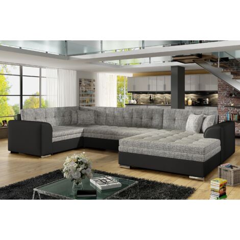 Canapé convertible panoramique tissu gris chiné et simili noir méridienne à droite Diana 340cm
