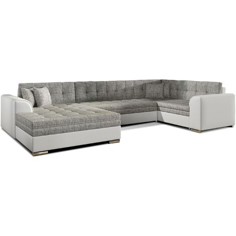 Canapé convertible panoramique tissu gris clair chiné et simili blanc méridienne à gauche Diana 340cm