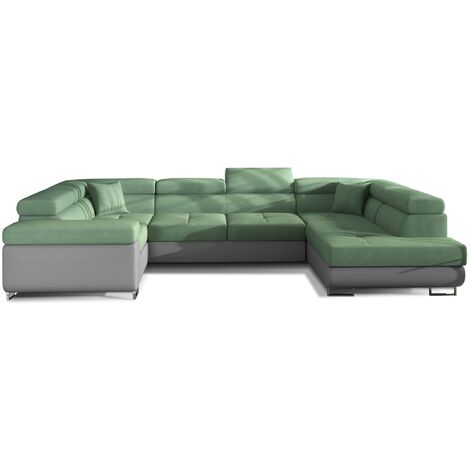 Canapé convertible panoramique TOVY tissu et simili cuir - têtières réglables à droite-Gris clair/Vert-Coffre à droite