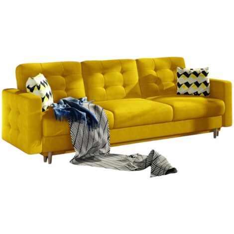 Canapé convertible tissu ANSKA - Pieds bois naturel-Jaune