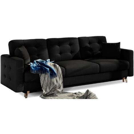 Canapé convertible tissu ANSKA - Pieds bois naturel-Noir