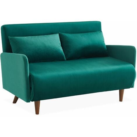 Canapé convertible velours 2 places scandinave - Panam - pieds bois. banquette. dossier inclinable Velours Vert