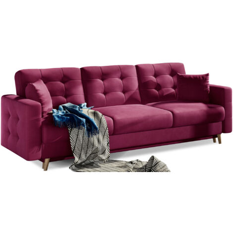 Canapé convertible velours ANSKA - Pieds bois naturel-Prune