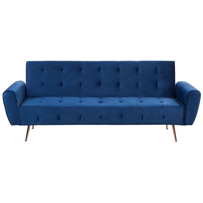 Beliani - Canapé-lit Convertible Moderne Capitonné avec Pochette Latérale en Velours Bleu Marine Pieds en Métal Cuivré Selnes