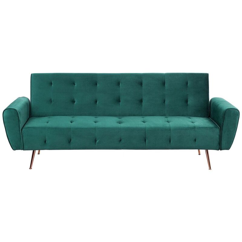 Canapé Convertible Clic-Clac en Velours Vert Capitonné avec Espace Couchage Confortable pour Salon Vintage et Glamour Beliani Cuivré