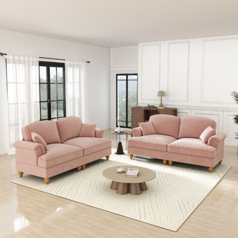 Canapé d'angle 2 places milieu du siècle en chenille avec repose-pieds, rose