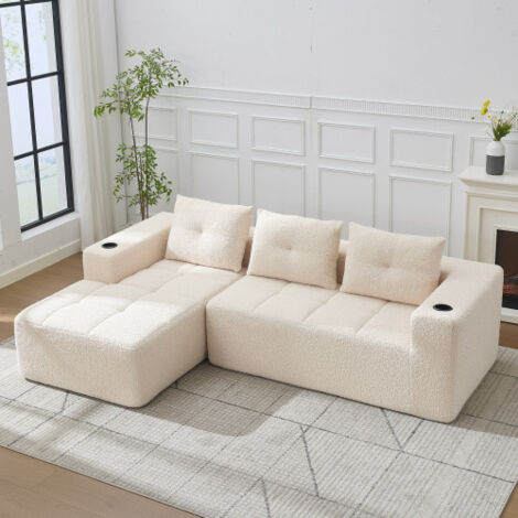 Canapé d’angle 255 cm en chenille beige avec porte-gobelets et 3 coussins