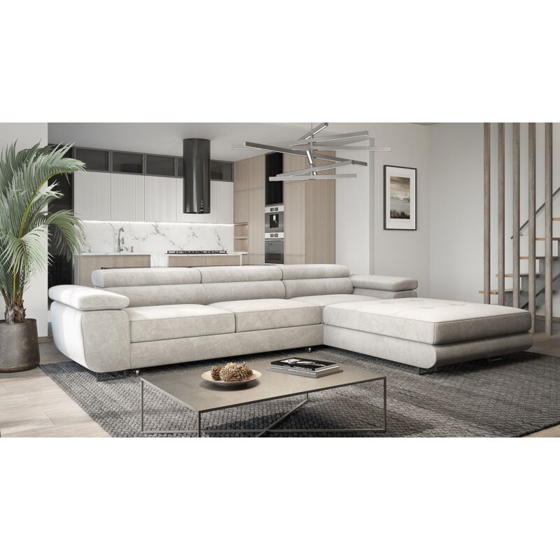 Canapé d'angle 280 cm Sorlo Twin - Canapé avec fonction sommeil - ottomane à droite, appuie-têtes réglables - Canapé d'angle avec coffre de