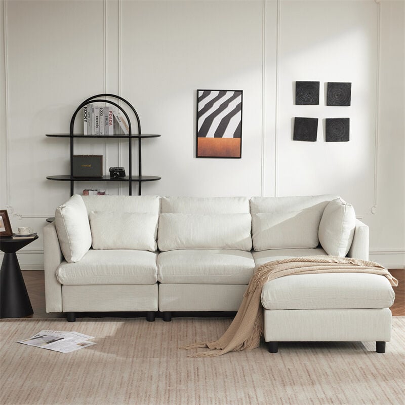 Fortuna Lai - Canapé d'angle 3-4 places, meubles rembourrés en forme de l, tissu en lin, 220x83x81cm, beige