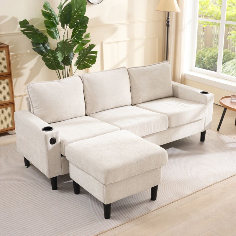 Canapé d'Angle 3 Places avec Repose-Pieds, Ports USB et Type-C, 2 Porte-Gobelets et Poches Latérales, en Lin Beige Canapé d'Angle 3 Places avec Repose-Pieds, Ports USB et Type-C, 2 Porte-Gobelets et Poches Latérales, en Lin Beige