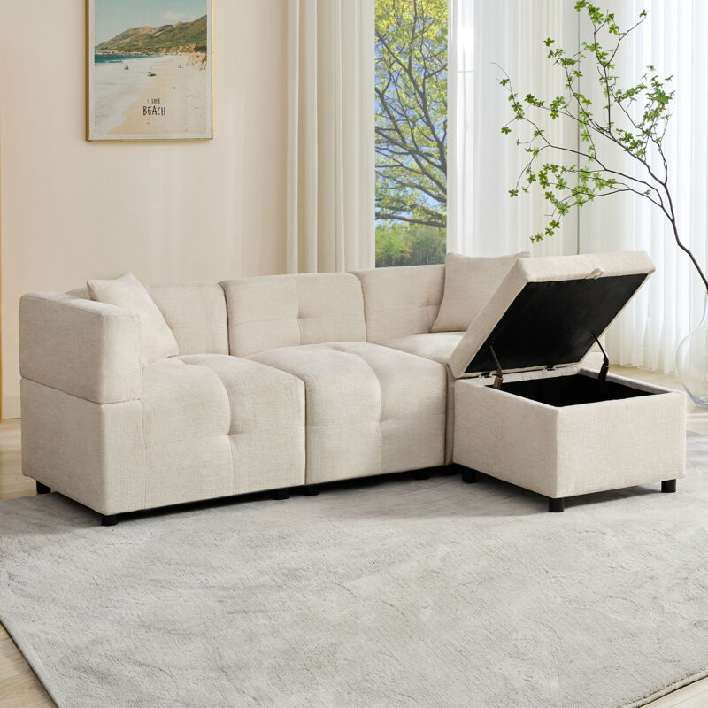 Hauss Spole - Canapé d'angle 3 places beige avec rangement, 2 coussins, tissu chenille, canapé droit de salon, 204×126×69cm