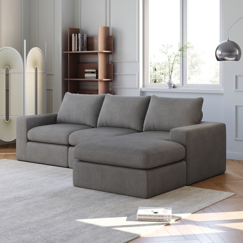Canapé d'angle 3 places en L avec 3 coussins, 1 chaise longue, velours côtelé - Meuble de salon/chambre, 251×160×81 cm, gris foncé