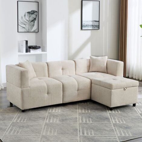 Canapé d'angle 3 places en tissu chenille – Rangement intégré – Pouf amovible – Confort ergonomique – Design moderne beige