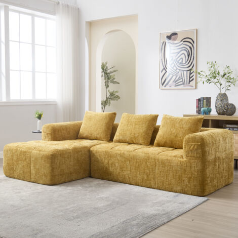 Canapé d'Angle 3 Places, Modulable avec Méridienne et Poches Latérales, Chenille, Jaune, 250 × 158 × 60 cm