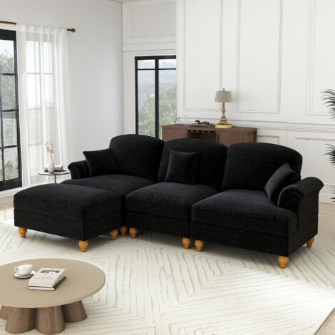 Canapé d'angle 3 places modulable style années 50, en chenille avec accoudoirs en forme d'entonnoir, ceinture à volants amovible, pieds fuselés et pouf amovible – Confort d'assise optimal pour le salo