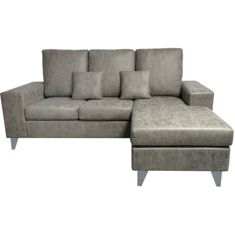 Canapé d'angle 3 places réversible en simili-cuir coloris gris  - Longueur 200 x profondeur 144 x hauteur 99 cm