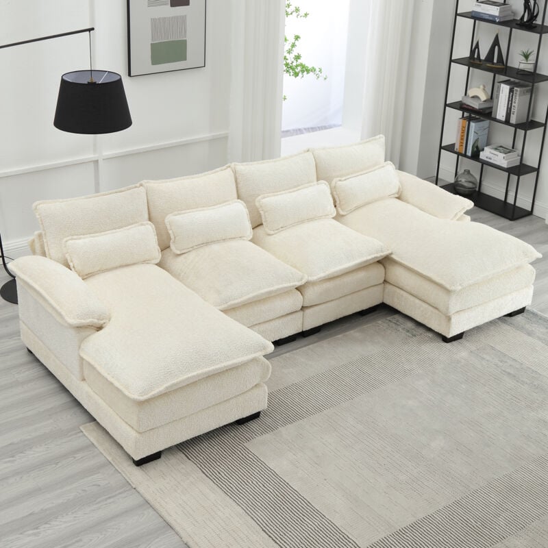 Fortuna Lai - Canapé d'angle 4 places, 261x134x82cm, Grand canapé en forme de u avec 4 coussins, en tissu boucle, beige