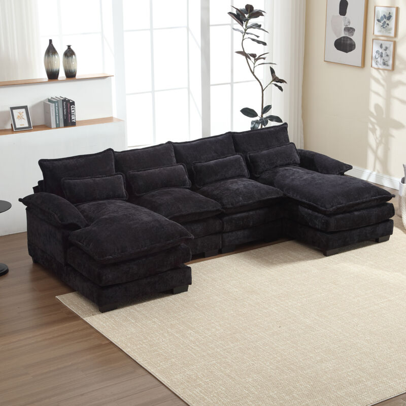 Fortuna Lai - Canapé d'angle 4 places, 261x134x82cm, Grand canapé en forme de u avec 4 coussins, en tissu boucle, noir