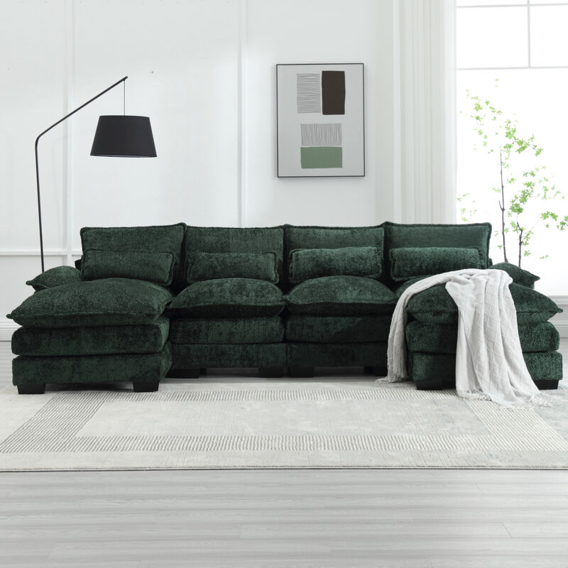 Fortuna Lai - Canapé d'angle 4 places, 261x134x82cm, Grand canapé en forme de u avec 4 coussins, en tissu boucle, vert