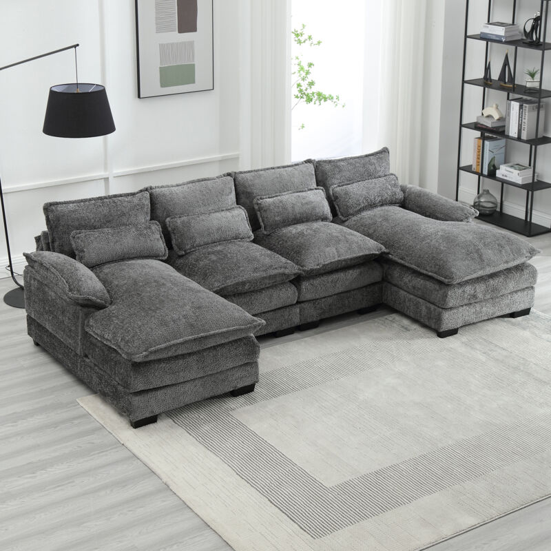Fortuna Lai - Canapé d'angle 4 places, 261x134x82cm, Grand canapé en forme de u avec 4 coussins, en tissu boucle, gris