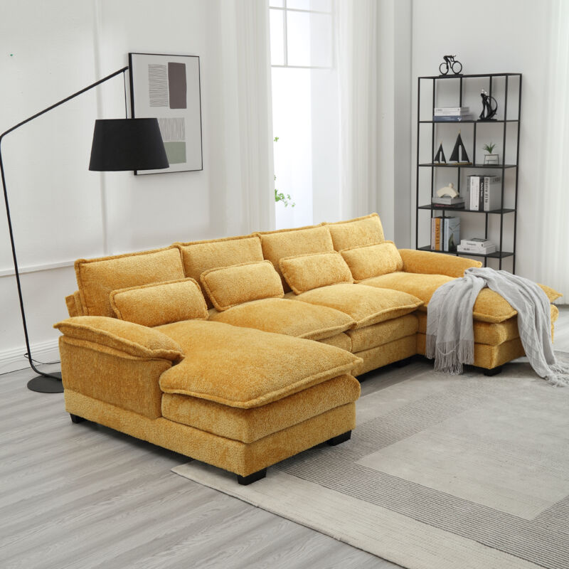 Fortuna Lai - Canapé d'angle 4 places, 261x134x82cm, Grand canapé en forme de u avec 4 coussins, en tissu boucle, jaune