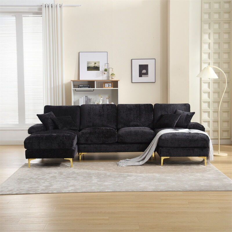 Fortuna Lai - Canapé d'angle 4 places, 272x136x88cm,Grand canapé en forme de u, moderne, en tissu chenille, noir