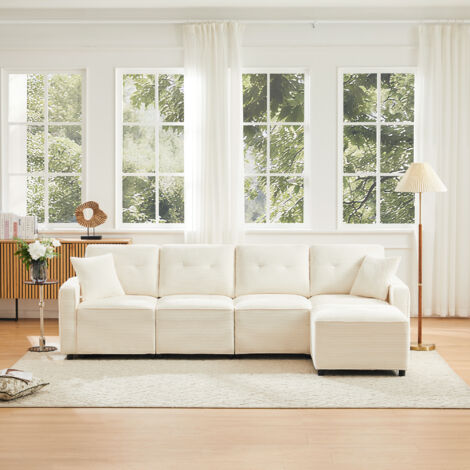 Canapé d'angle 4 places 280x146x85 cm avec pouf, rangements sous assises, modulable, design confortable salon, velours côtelé,  beige
