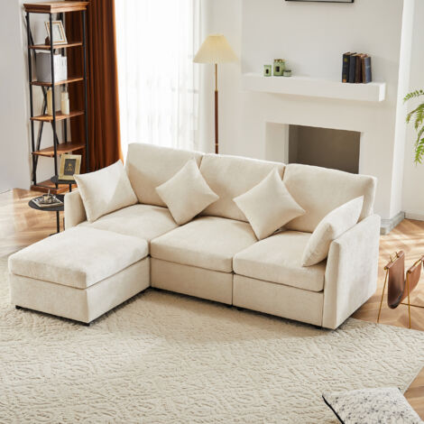 Canapé d'angle 4 places, modulable avec pouf, chenille, beige