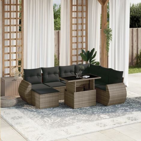 Canapé d'angle 8 pièces résine tressée gris, table réglable, coussins amovibles, 100x55 cm