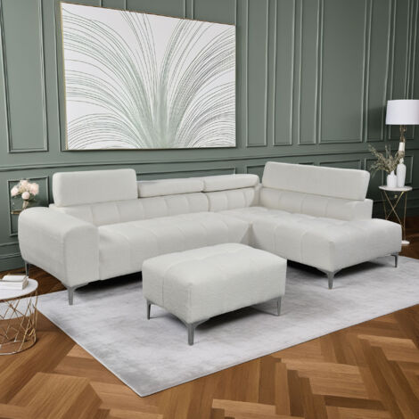 Canapé d'angle à droite avec pouf en tissu bouclette blanc - COMET