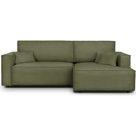 Canapé d'angle à droite convertible 3 places en tissu bouclé vert olive - Asti