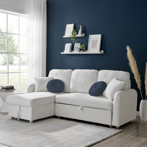 Canapé d'angle à gauche convertible tissu blouclette blanc - SIVECO