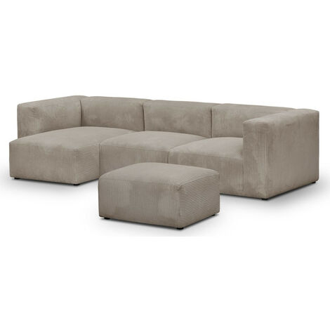 Canapé d'angle à gauche modulable avec méridienne 4 places en velours côtelé taupe + pouf - Modulo