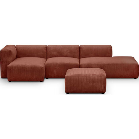 Canapé d'angle à gauche modulable avec méridienne 5 places en velours côtelé rouille + pouf - Modulo