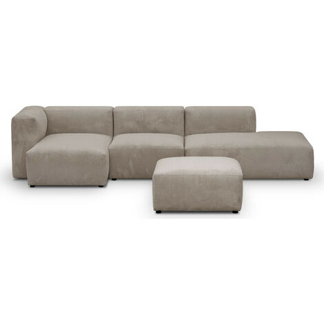 Canapé d'angle à gauche modulable avec méridienne 5 places en velours côtelé taupe + pouf - Modulo