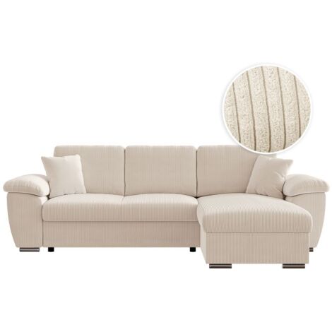 Canapé d'angle ALBERT réversible convertible 4 places avec coffre en velours côtelé - Beige