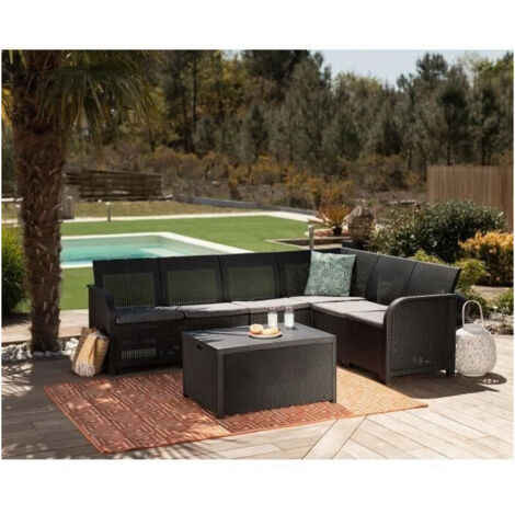 Canape dangle ALLIBERT by KETER - Imitation rotin tresse - 6 personnes - Avec table basse range-coussins - Gris graphite - SanRe