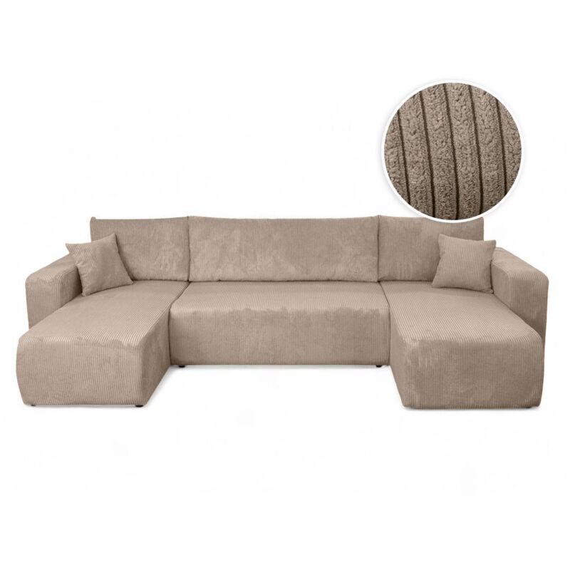 Canapé d'angle ALYA panoramique convertible 6 places en velours cotelé - Taupe Canapé d'angle ALYA panoramique convertible 6 places en velours cotelé - Taupe